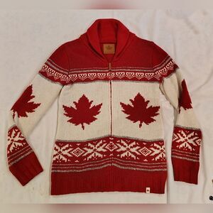 Canadiana Red & White Maple Leaf Zip Sweater Cardigan Sz Small - Medium
